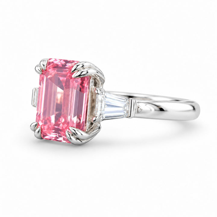 The Lumen pink lab sapphire baguette ring in 14K white gold, angled view