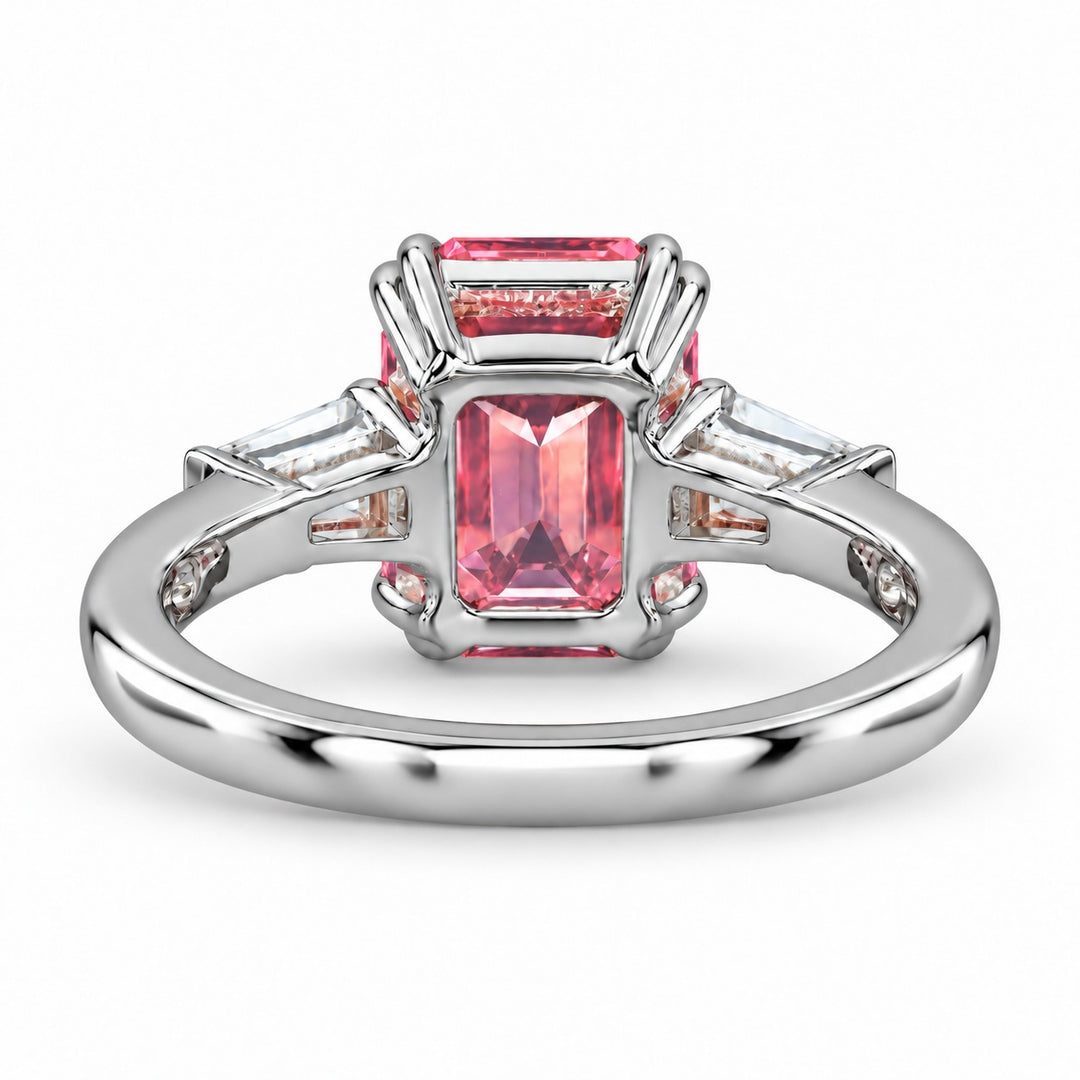 The Lumen pink lab sapphire baguette ring in platinum, back view