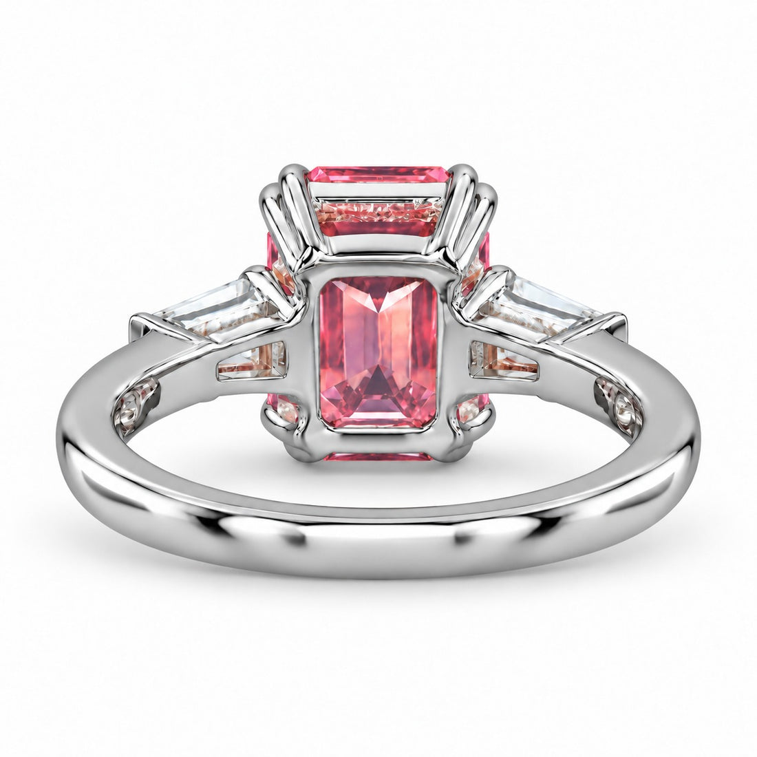The Lumen pink lab sapphire baguette ring in platinum, back view