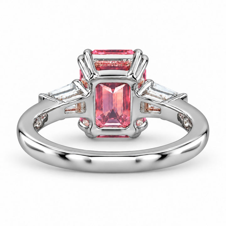 The Lumen pink lab sapphire baguette ring in platinum, back view