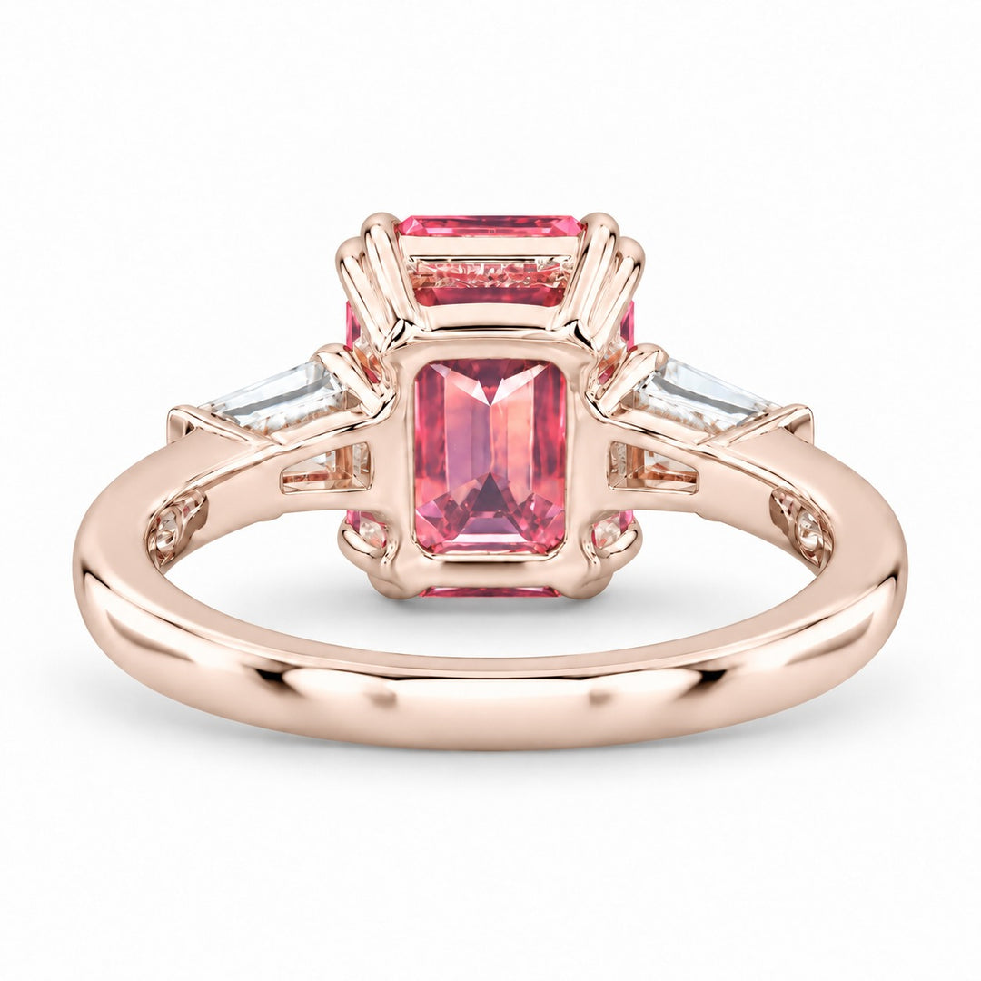 The Lumen pink lab sapphire baguette ring in 14K rose gold, back view