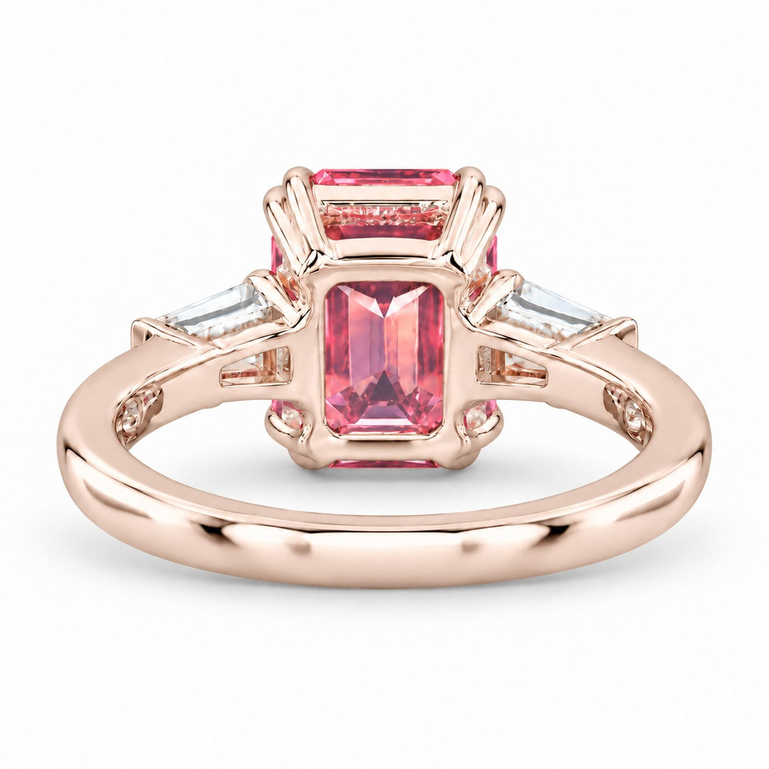 The Lumen pink lab sapphire baguette ring in 14K rose gold, back view