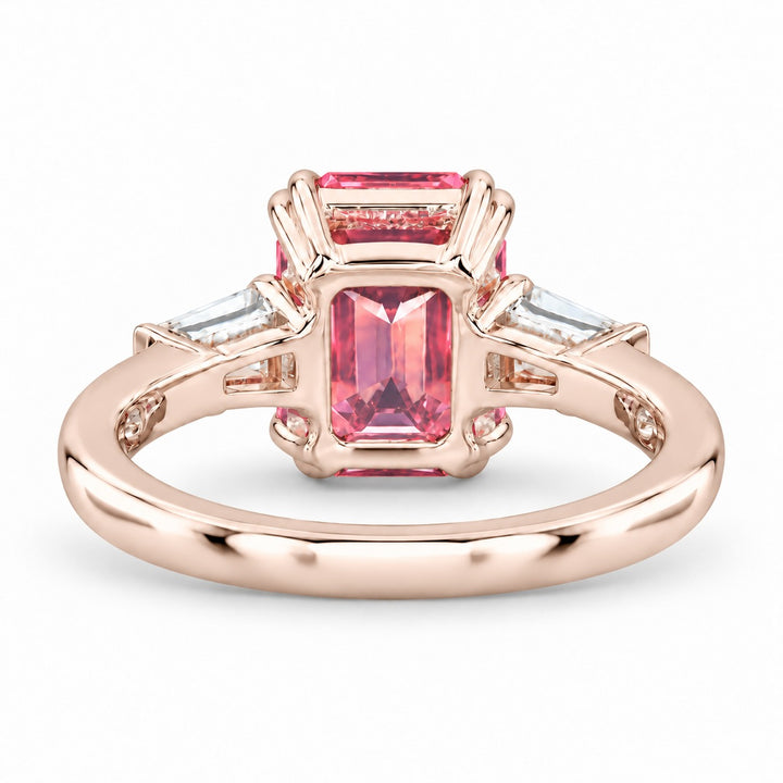 The Lumen pink lab sapphire baguette ring in 14K rose gold, back view