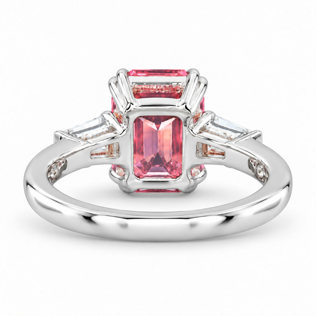 The Lumen pink lab sapphire baguette ring in 14K white gold, back view