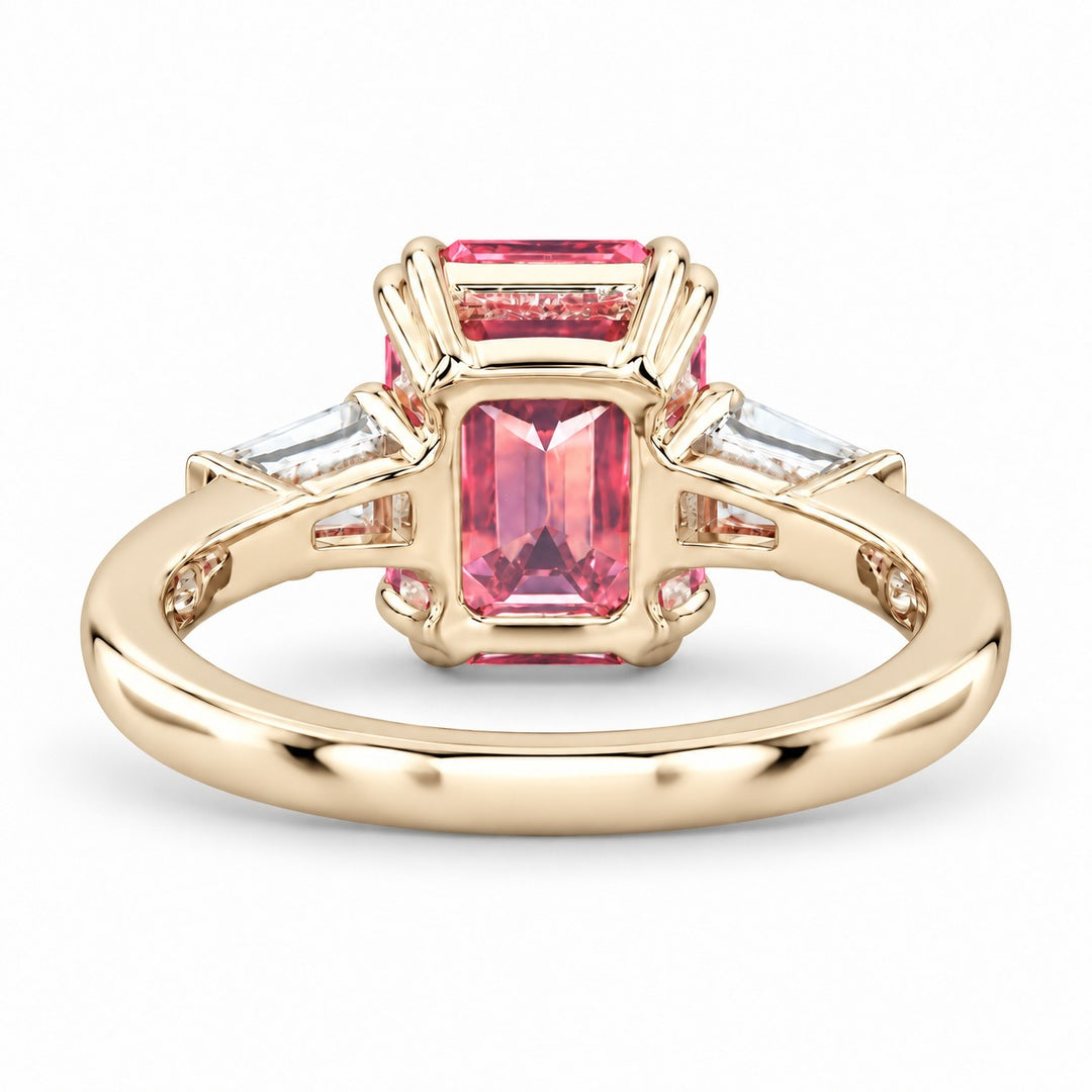 The Lumen pink lab sapphire baguette ring in 14K yellow gold, back view