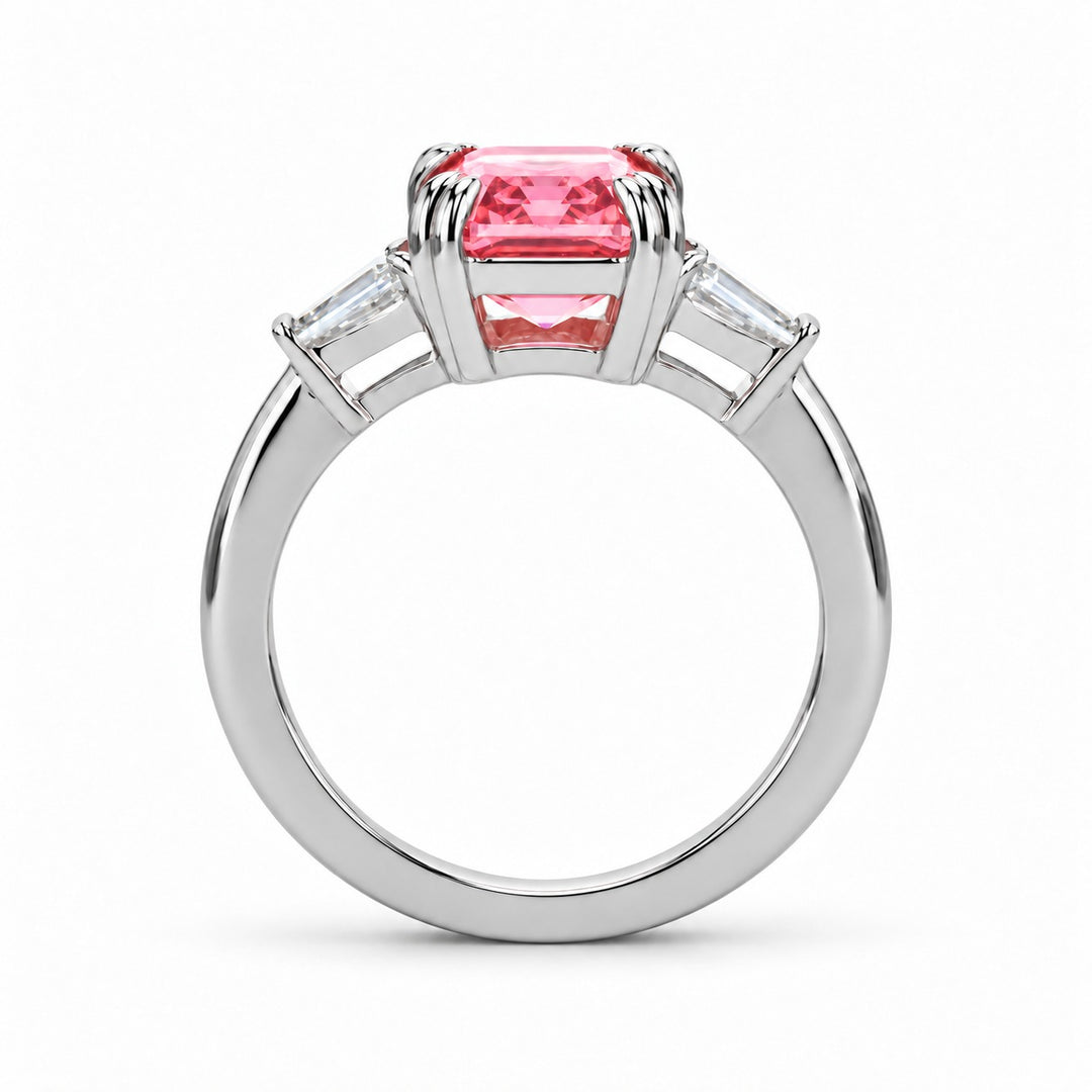 The Lumen pink lab sapphire baguette ring in platinum, profile view