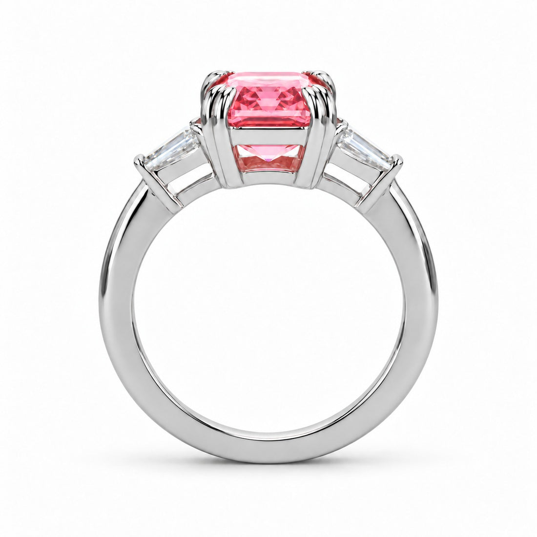 The Lumen pink lab sapphire baguette ring in platinum, profile view