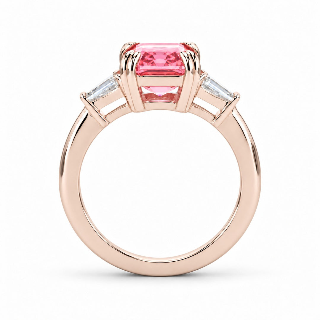 The Lumen pink lab sapphire baguette ring in 14K rose gold, profile view