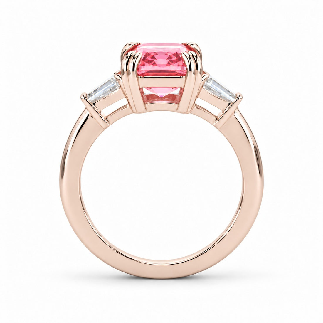 The Lumen pink lab sapphire baguette ring in 14K rose gold, profile view