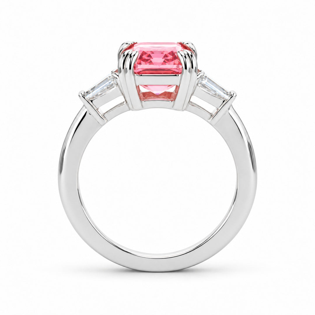 The Lumen pink lab sapphire baguette ring in 14K white gold, profile view