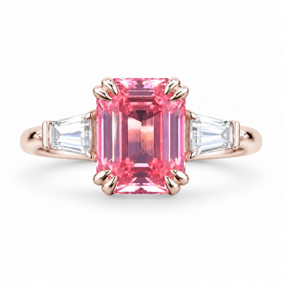 The Lumen — Pink Emerald Sapphire with Baguette Accents Ring in 14K rose gold, front view
