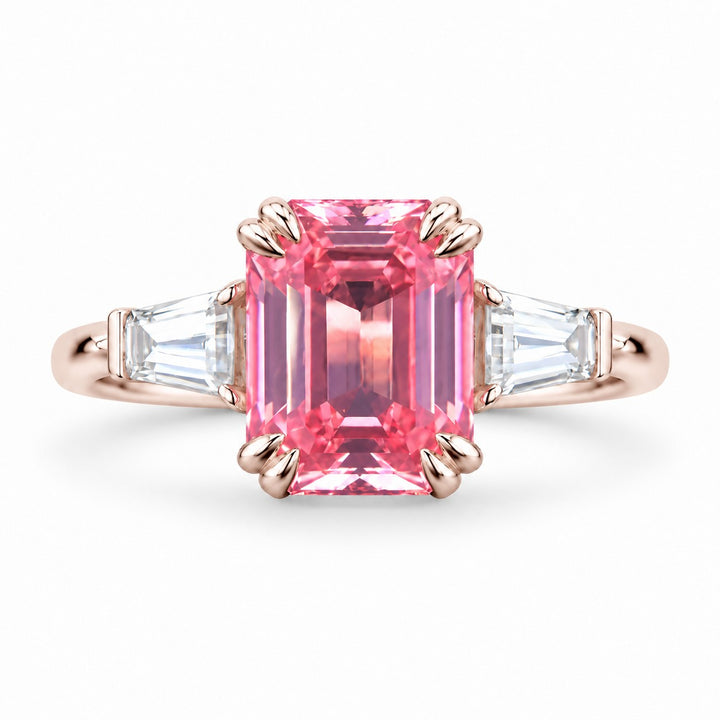 The Lumen — Pink Emerald Sapphire with Baguette Accents Ring in 14K rose gold, front view