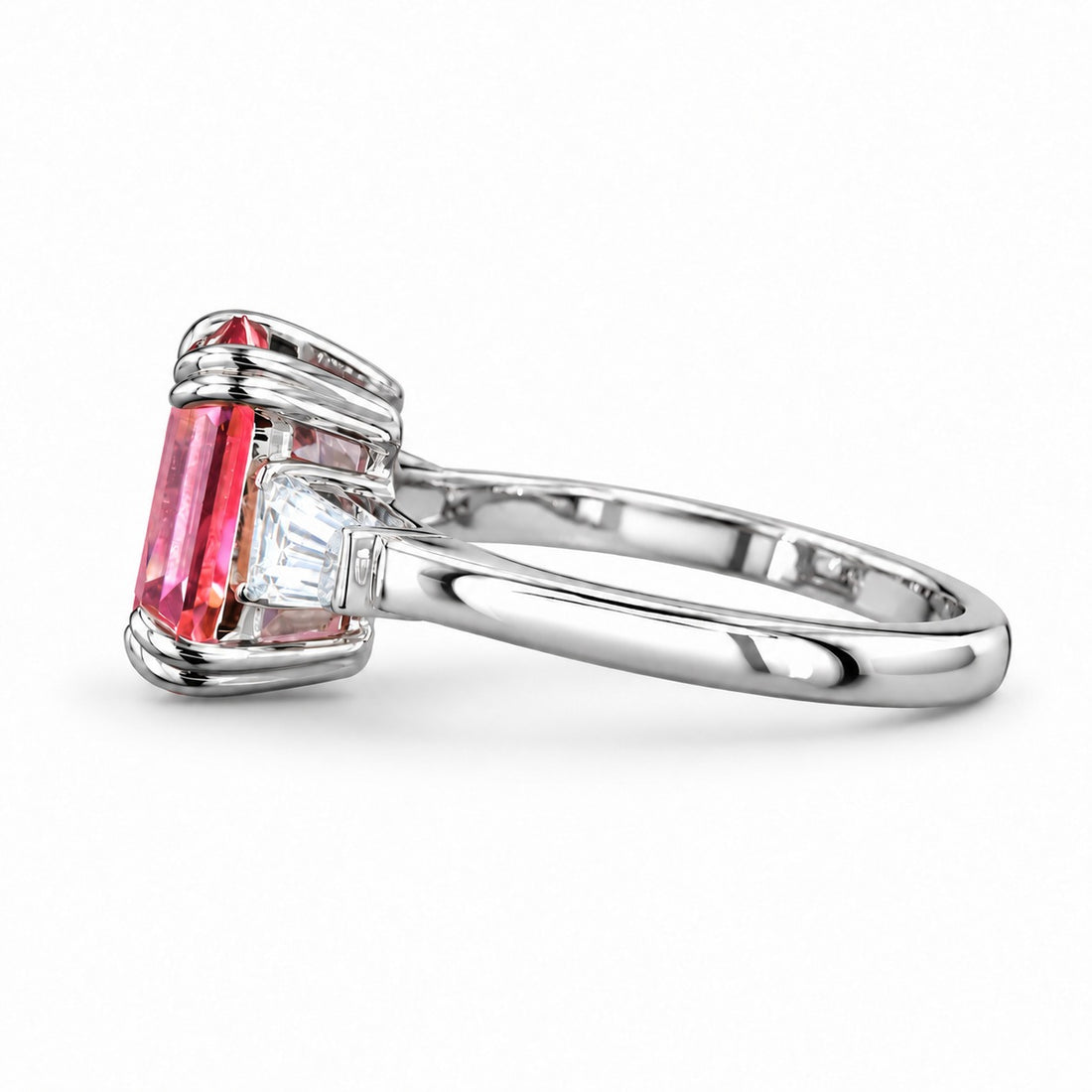 The Lumen pink lab sapphire baguette ring in platinum, side view