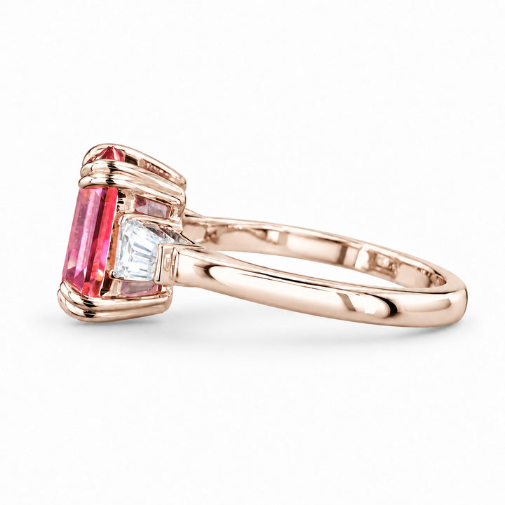 The Lumen pink lab sapphire baguette ring in 14K rose gold, side view