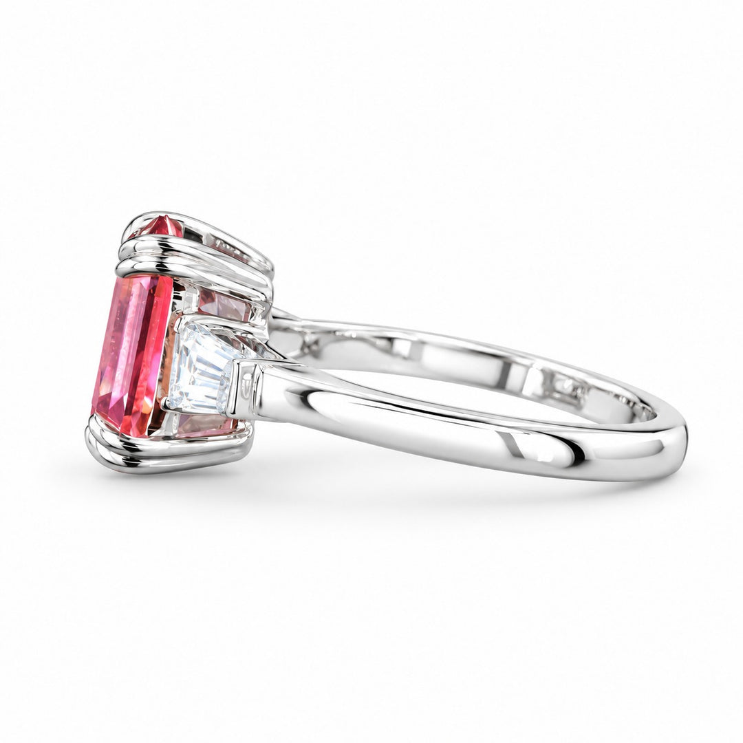The Lumen pink lab sapphire baguette ring in 14K white gold, side view