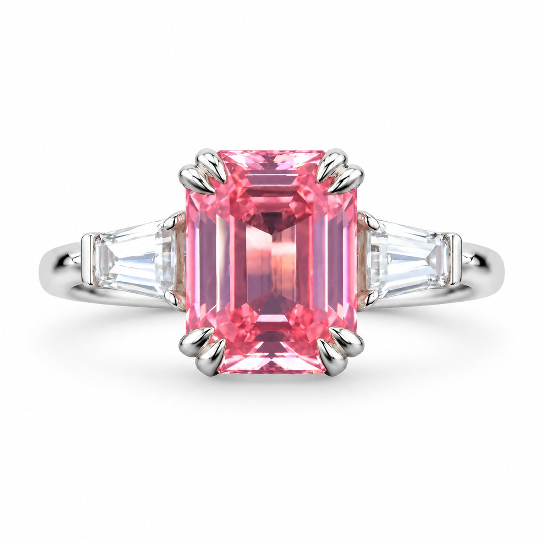 The Lumen — Pink Emerald Sapphire with Baguette Accents Ring in 14K white gold, front view