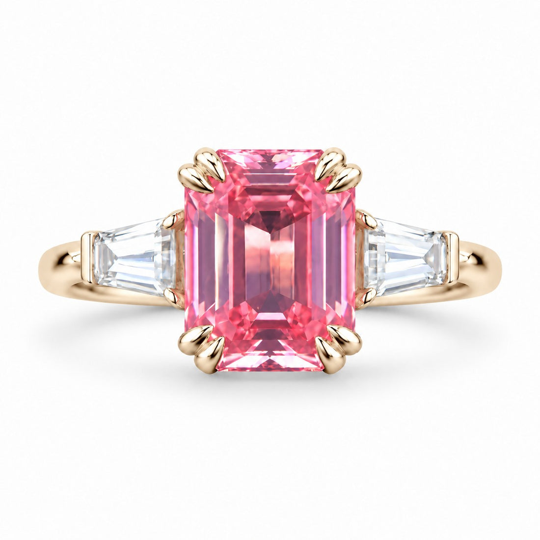 The Lumen — Pink Emerald Sapphire with Baguette Accents Ring in 14K yellow gold, front view