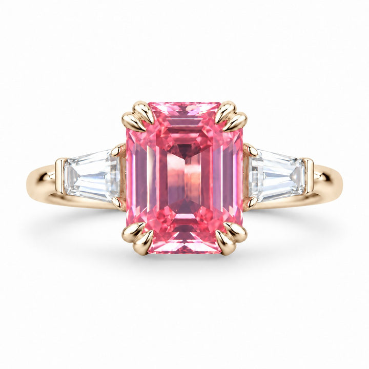 The Lumen — Pink Emerald Sapphire with Baguette Accents Ring in 14K yellow gold, front view