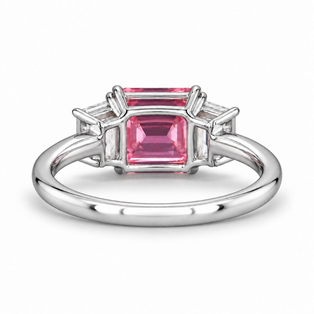 The Maribel pink lab sapphire three-stone ring in platinum, back view