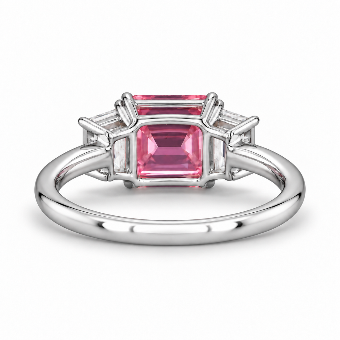 The Maribel pink lab sapphire three-stone ring in platinum, back view