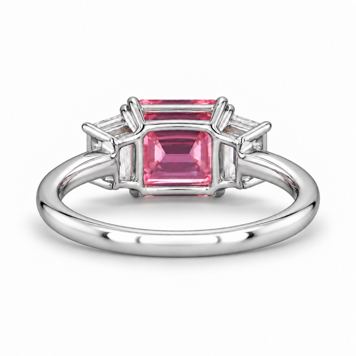 The Maribel pink lab sapphire three-stone ring in platinum, back view
