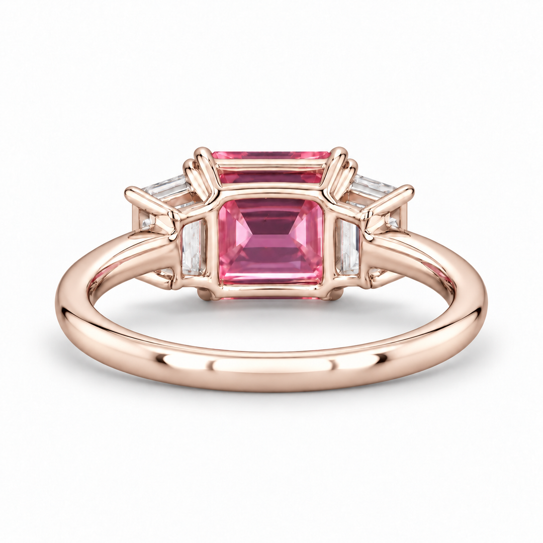 The Maribel pink lab sapphire three-stone ring in 14K rose gold, back view