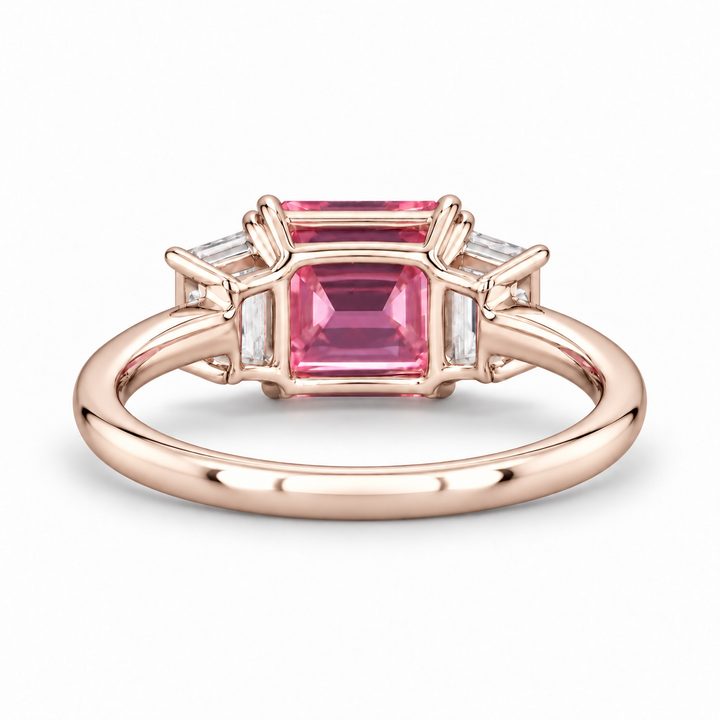The Maribel pink lab sapphire three-stone ring in 14K rose gold, back view