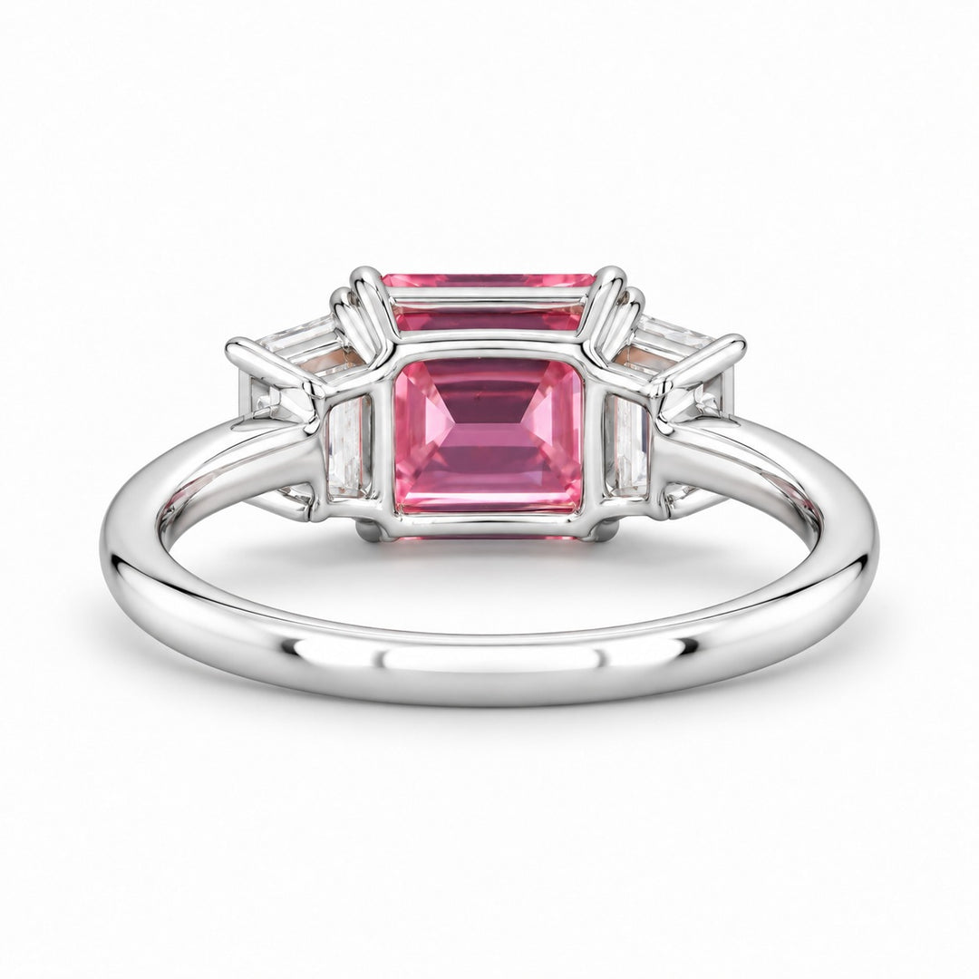 The Maribel pink lab sapphire three-stone ring in 14K white gold, back view