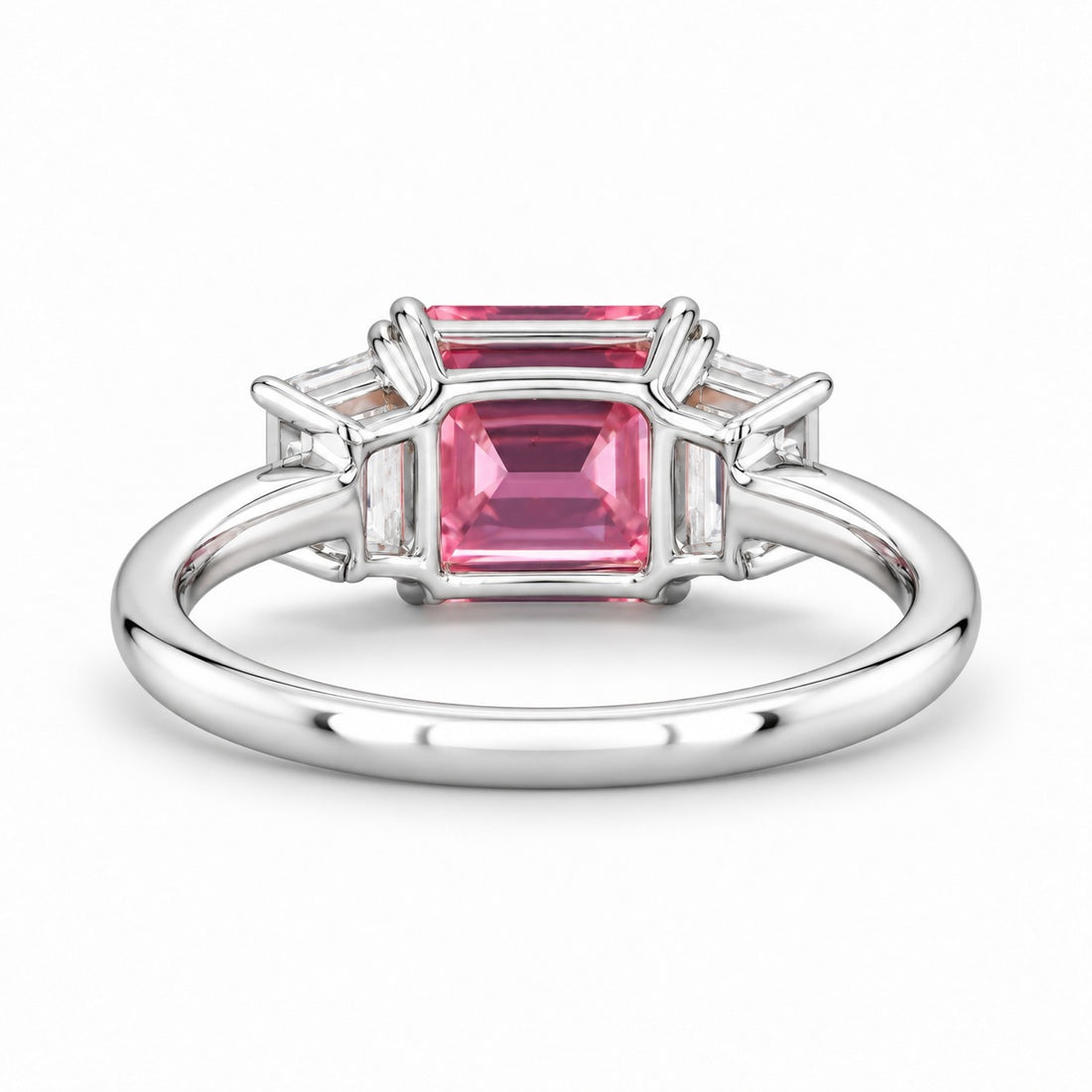 The Maribel pink lab sapphire three-stone ring in 14K white gold, back view