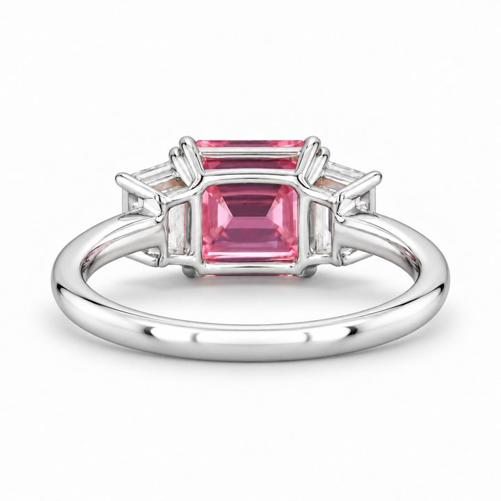 The Maribel pink lab sapphire three-stone ring in 14K white gold, back view