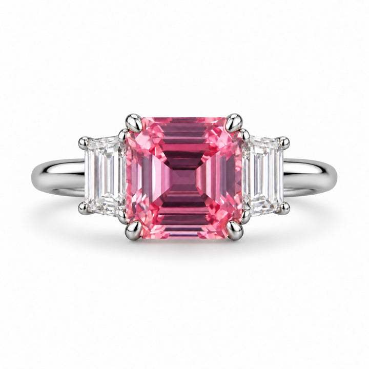 The Maribel — Pink Sapphire Three-Stone Ring in platinum, front view