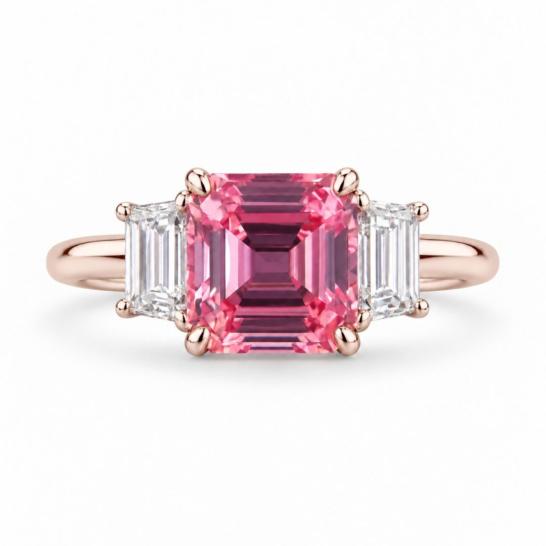 The Maribel — Pink Sapphire Three-Stone Ring in 14K rose gold, front view