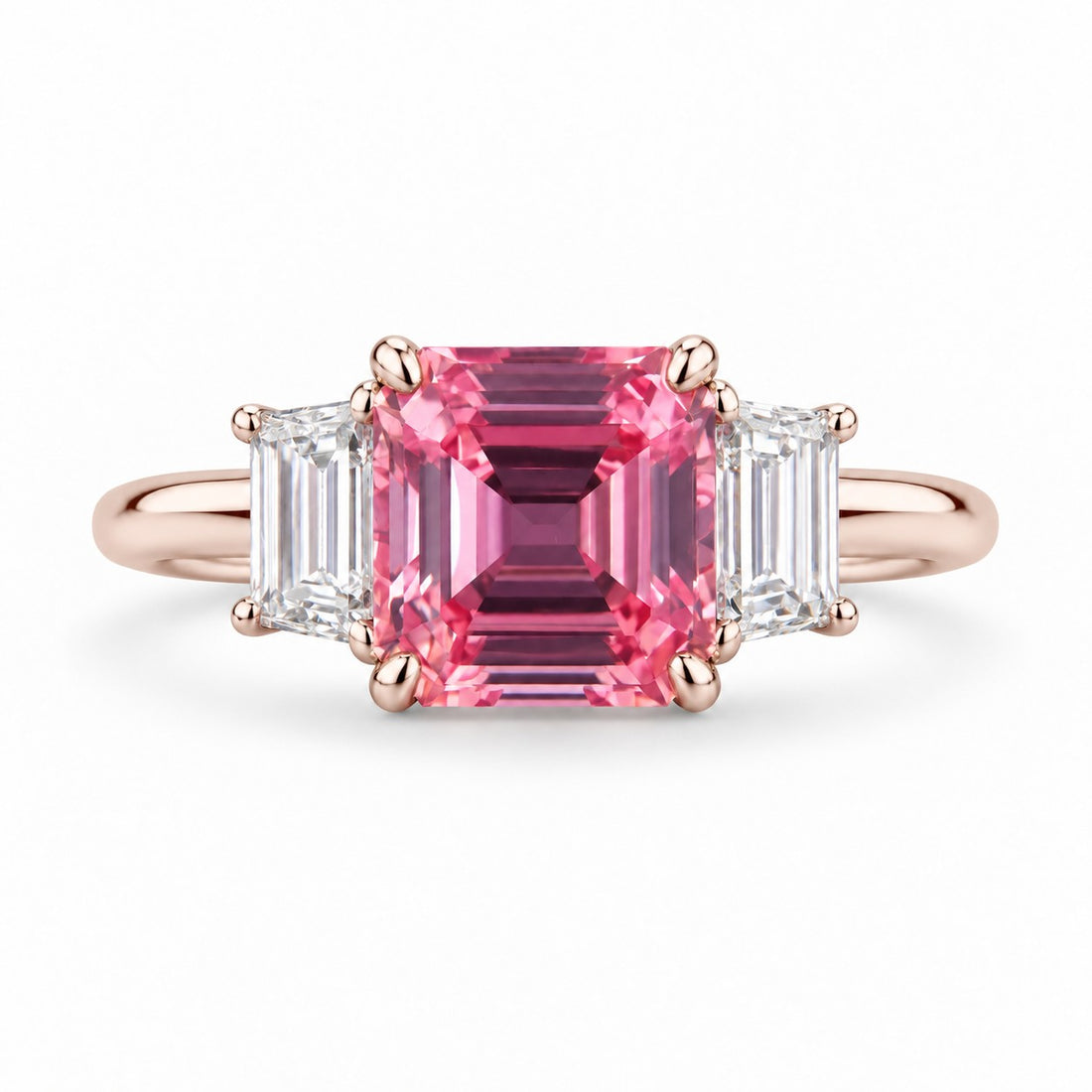 The Maribel — Pink Sapphire Three-Stone Ring in 14K rose gold, front view