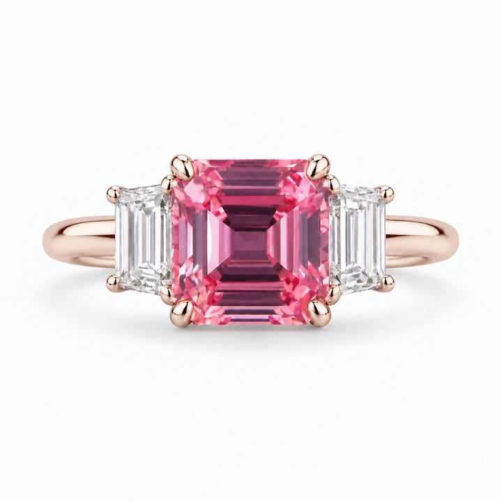 The Maribel — Pink Sapphire Three-Stone Ring in 14K rose gold, front view