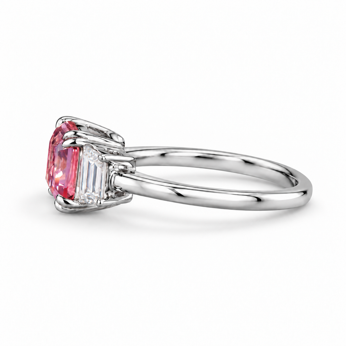 The Maribel pink lab sapphire three-stone ring in platinum, side view