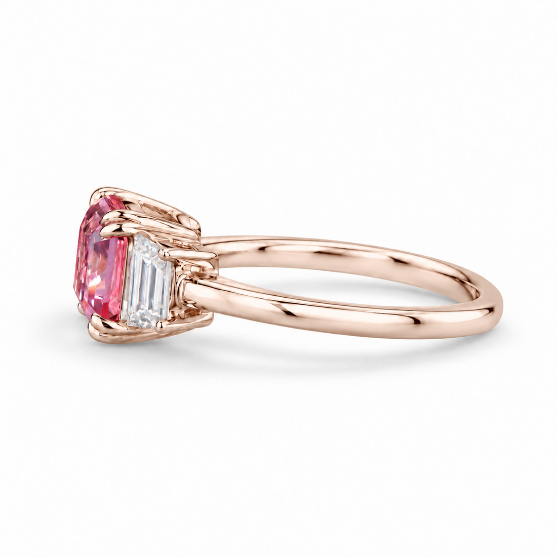 The Maribel pink lab sapphire three-stone ring in 14K rose gold, side view