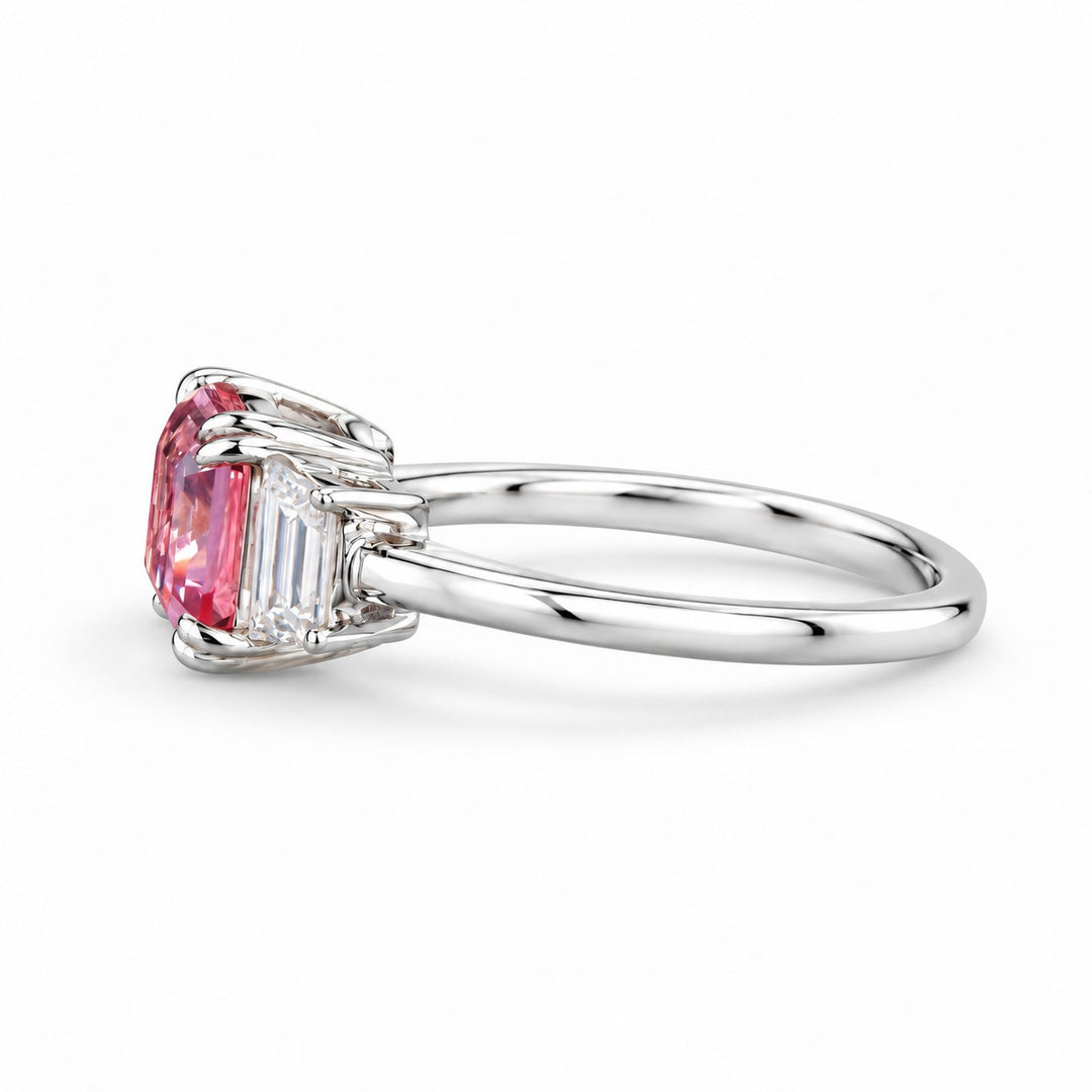 The Maribel pink lab sapphire three-stone ring in 14K white gold, side view