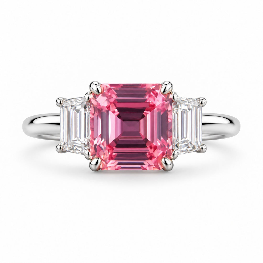 The Maribel — Pink Sapphire Three-Stone Ring in 14K white gold, front view