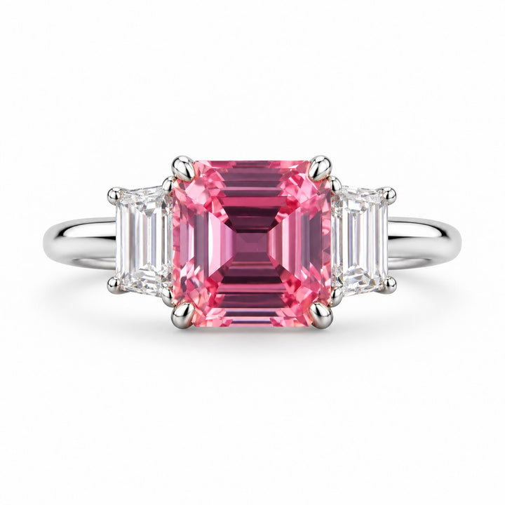 The Maribel — Pink Sapphire Three-Stone Ring in 14K white gold, front view