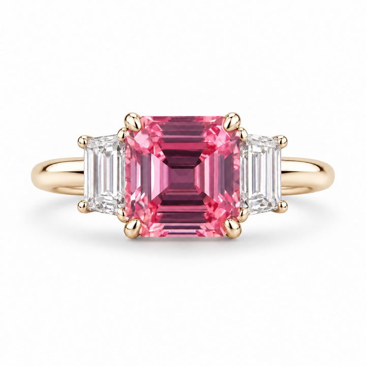 The Maribel — Pink Sapphire Three-Stone Ring in 14K yellow gold, front view