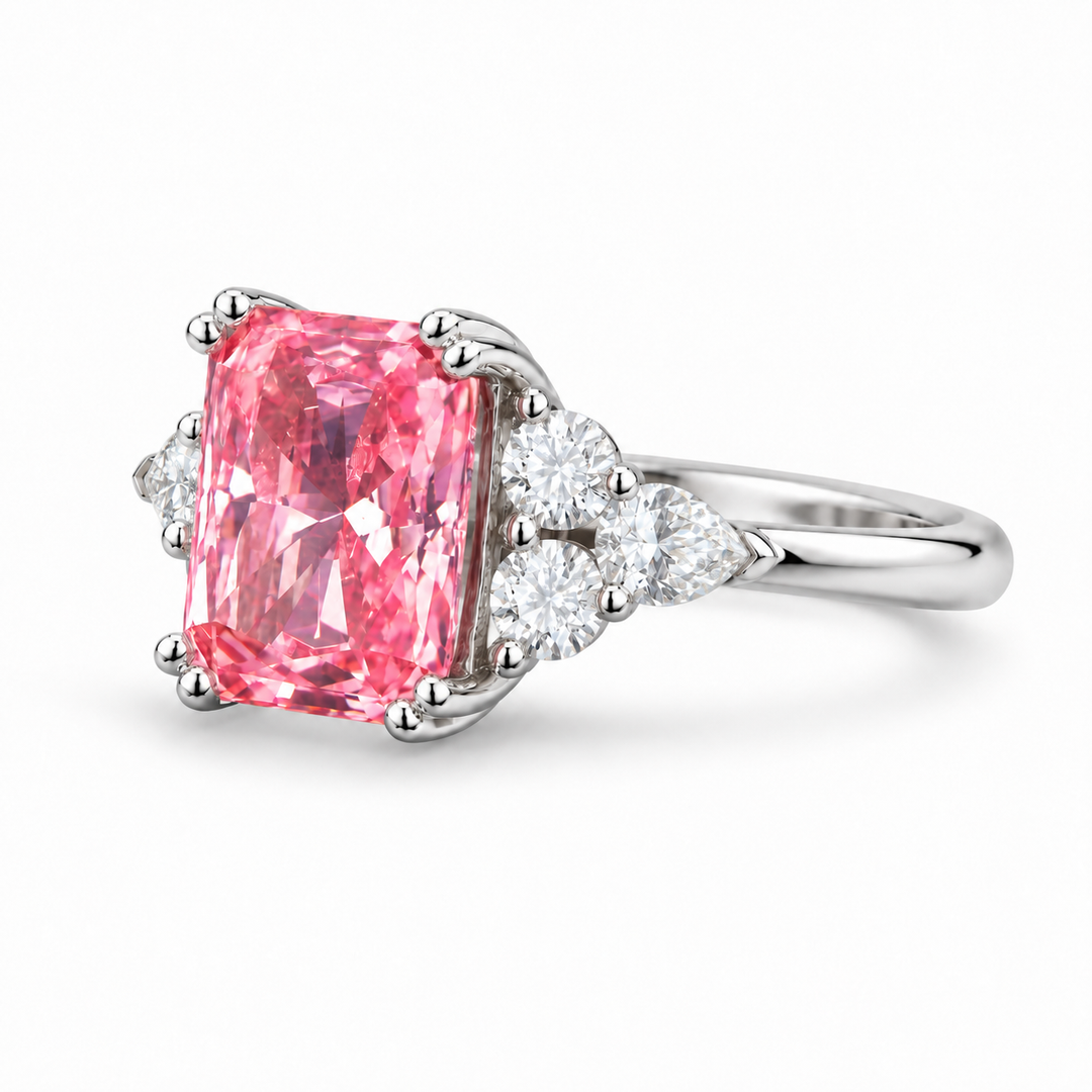 The Padma radiant pink lab sapphire ring in platinum, angled view