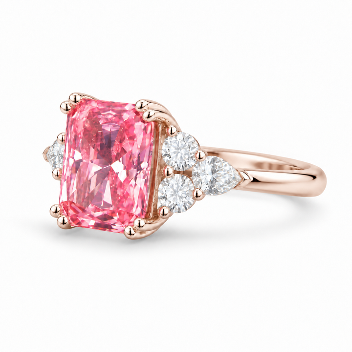 The Padma radiant pink lab sapphire ring in 14K rose gold, angled view