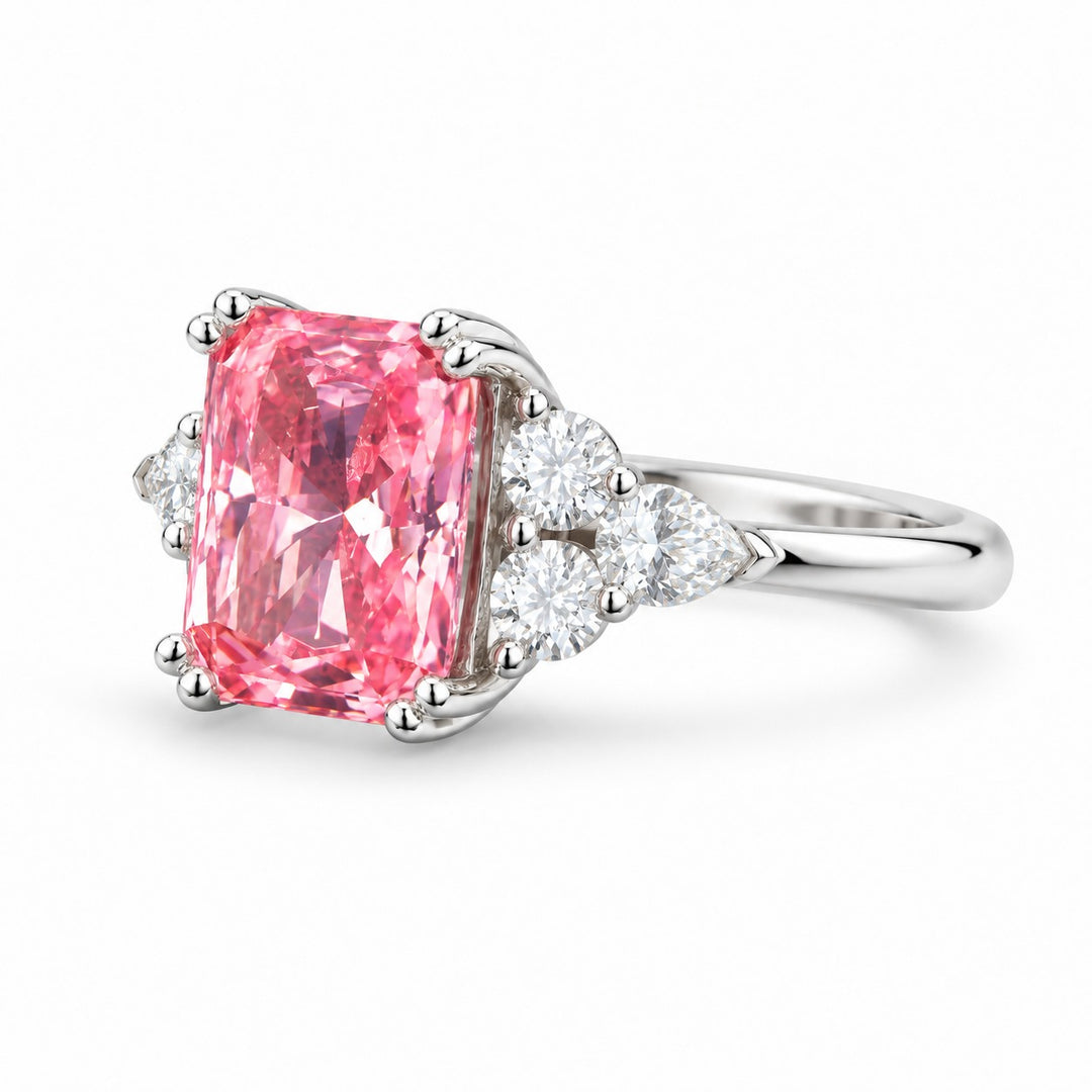 The Padma radiant pink lab sapphire ring in 14K white gold, angled view