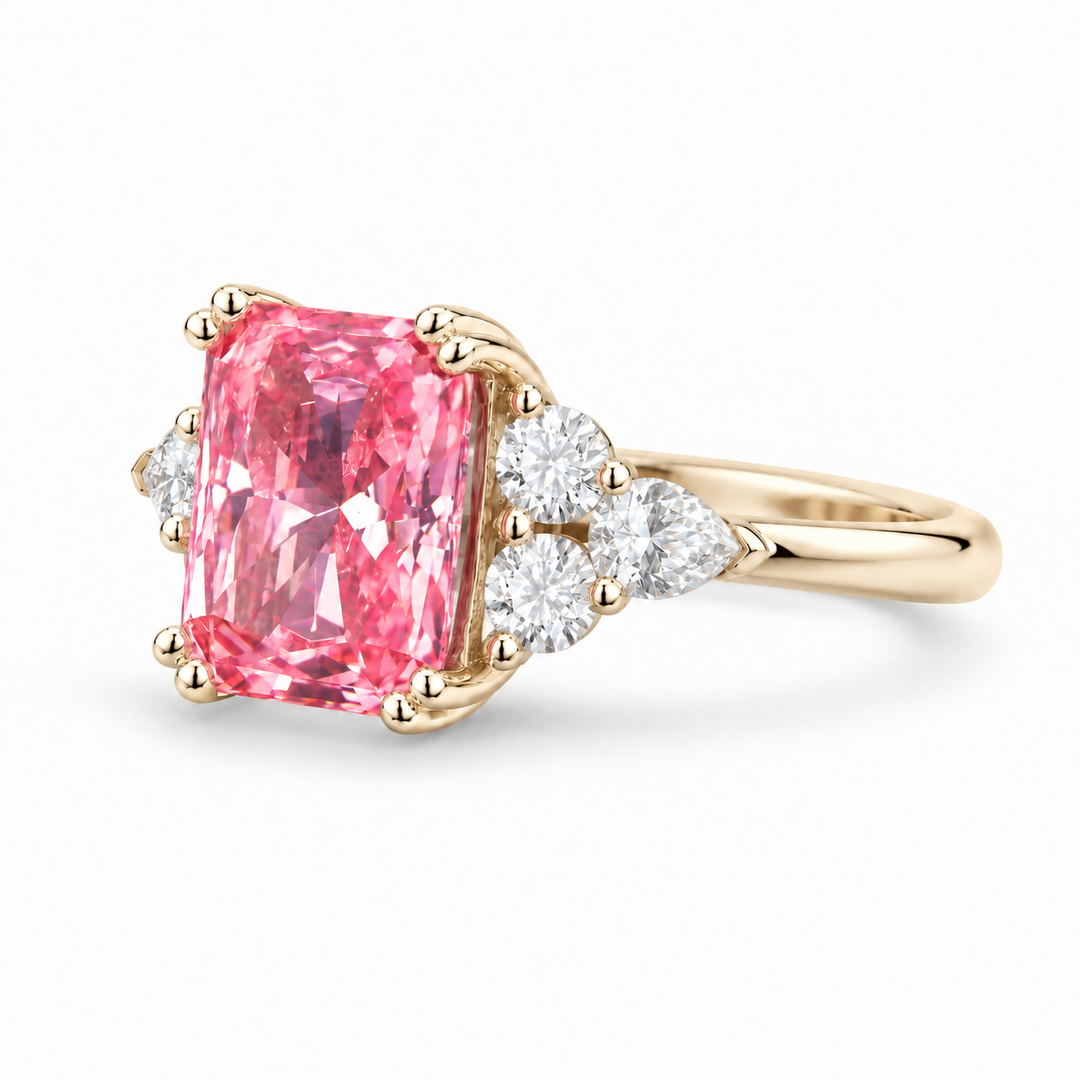 The Padma radiant pink lab sapphire ring in 14K yellow gold, angled view