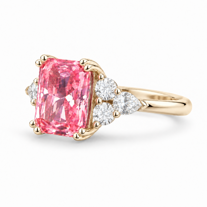 The Padma radiant pink lab sapphire ring in 14K yellow gold, angled view