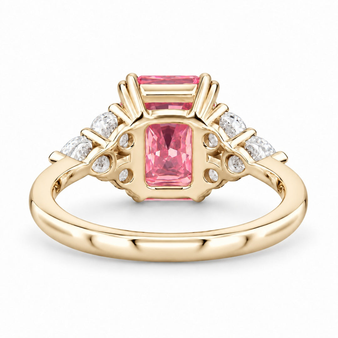 The Padma radiant pink lab sapphire ring in 14K yellow gold, back view