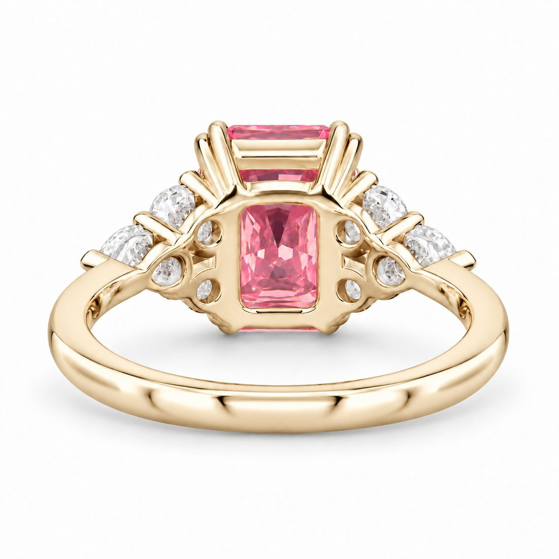 The Padma radiant pink lab sapphire ring in 14K yellow gold, back view