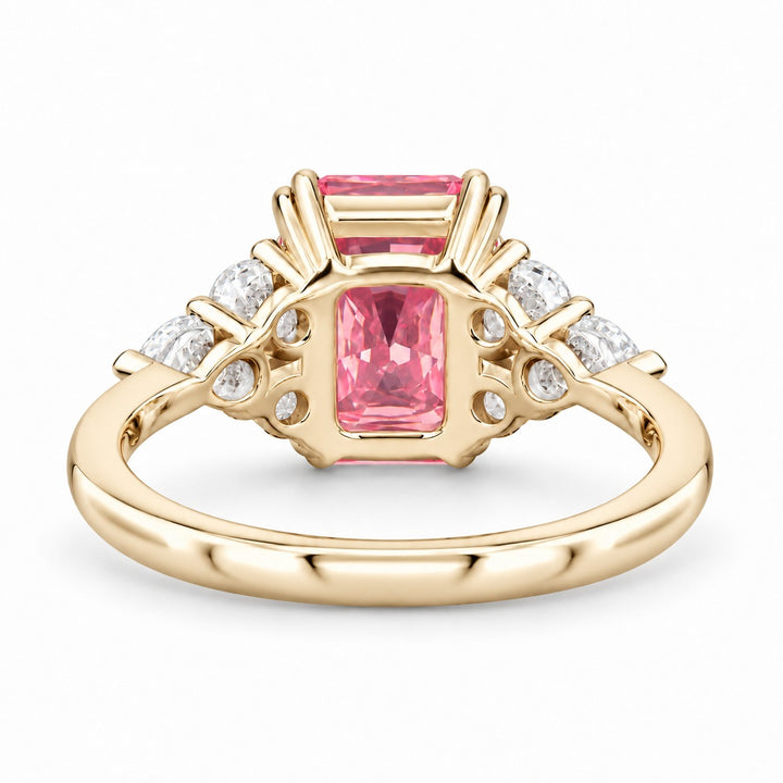 The Padma radiant pink lab sapphire ring in 14K yellow gold, back view