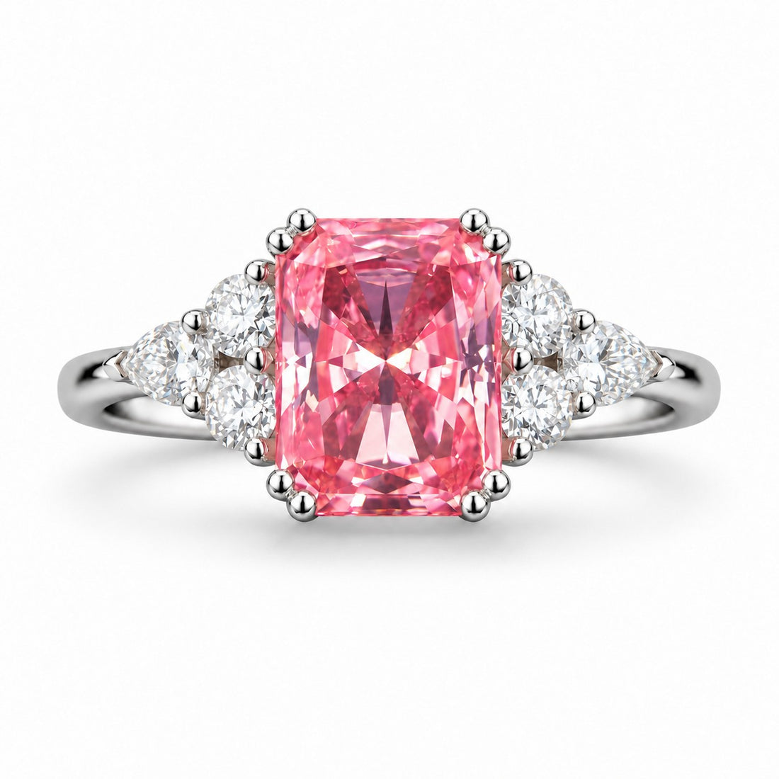 The Padma — Pink Radiant Sapphire with Diamond Accents Ring in platinum, front view