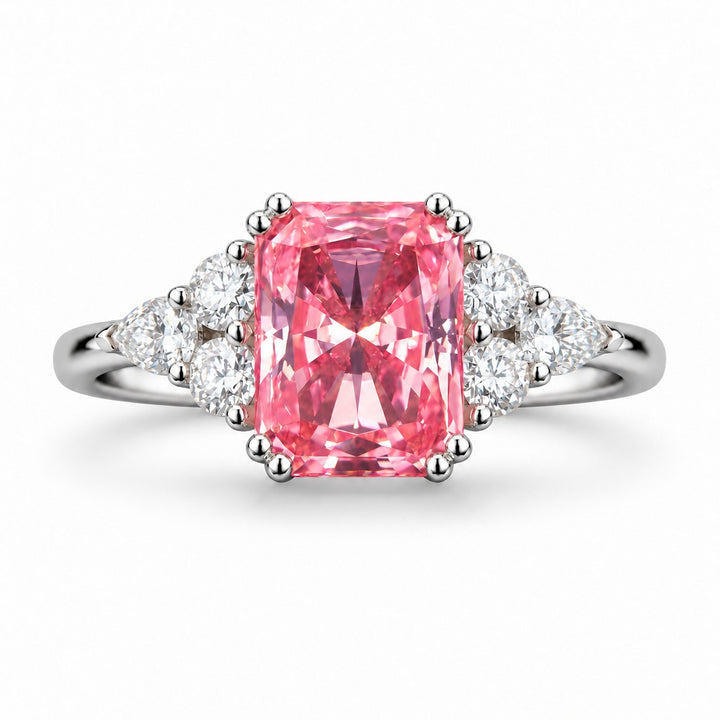 The Padma — Pink Radiant Sapphire with Diamond Accents Ring in platinum, front view